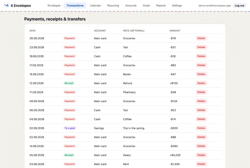 Payments, receipts and transfers